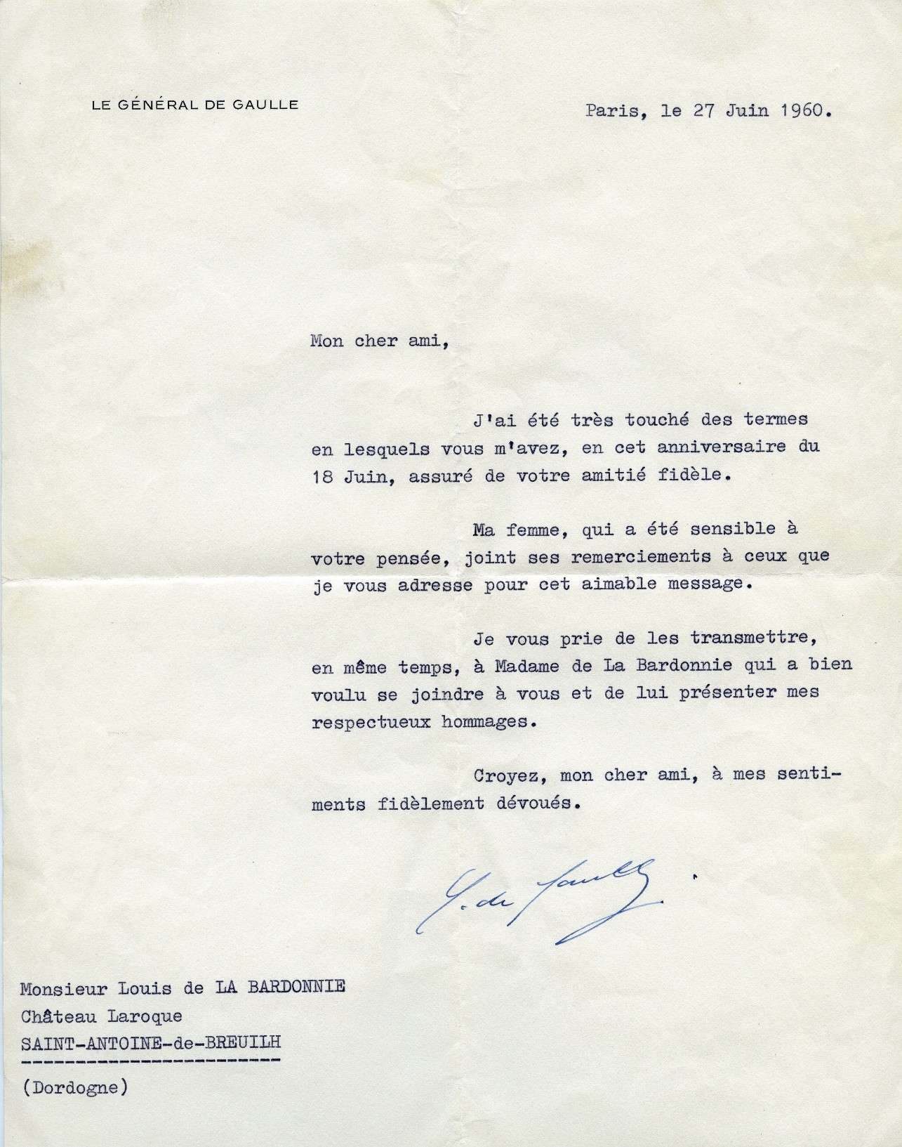 Lettre De Gaulle juin 1950